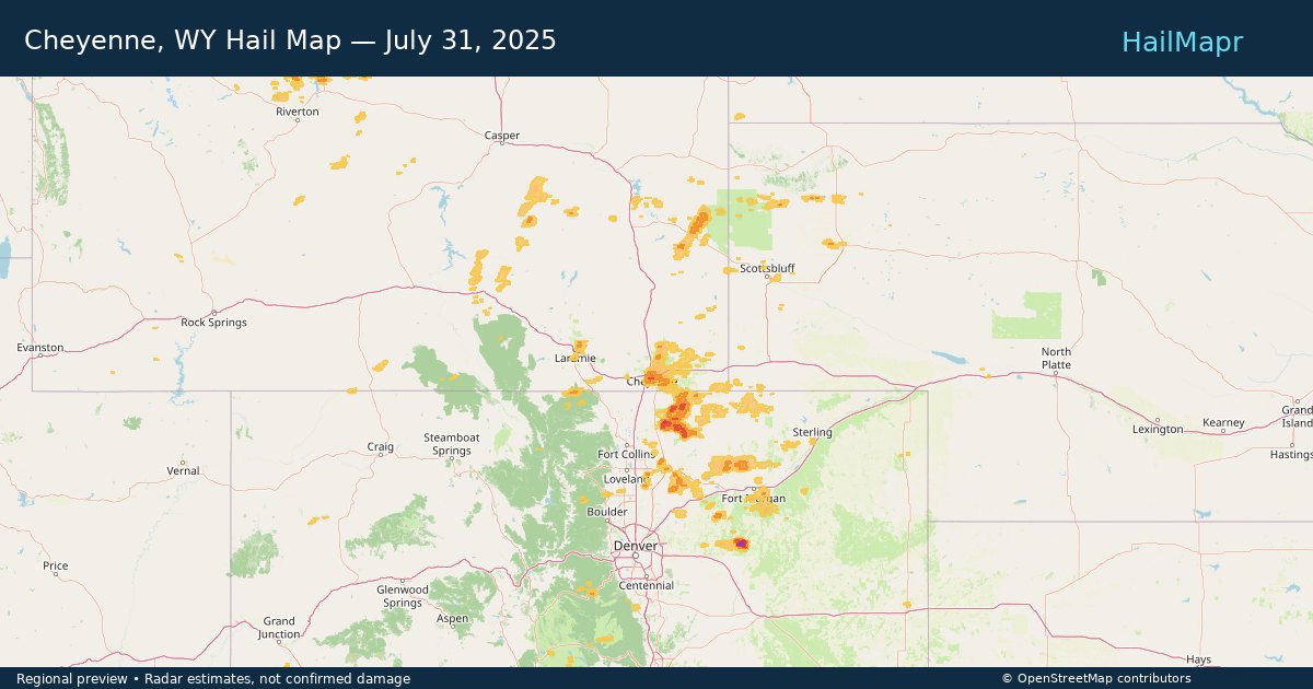 Cheyenne, WY Hail Map — July 31, 2025 — regional heatmap and storm polygons