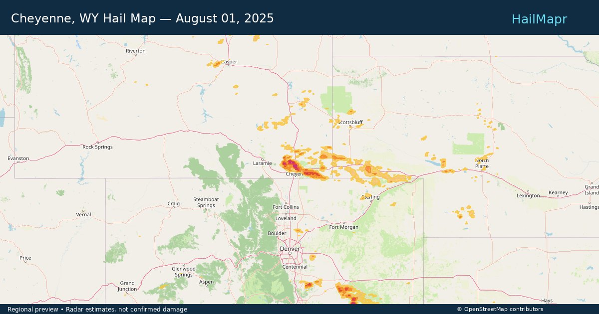 Cheyenne, WY Hail Map — August 01, 2025 — regional heatmap and storm polygons