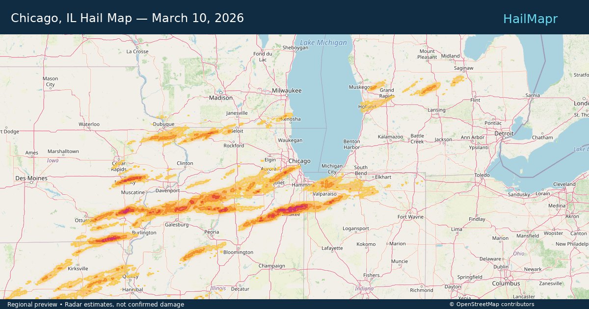 Chicago, IL Hail Map — March 10, 2026 — regional heatmap and storm polygons