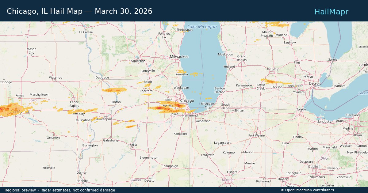 Chicago, IL Hail Map — March 30, 2026 — regional heatmap and storm polygons