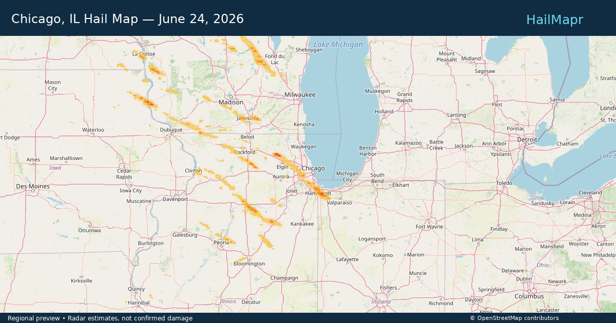 Chicago, IL — June 24, 2026 — regional hail footprint preview