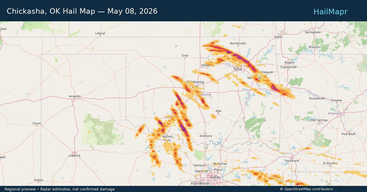 Chickasha, OK Hail Map — May 08, 2026 — regional heatmap and storm polygons