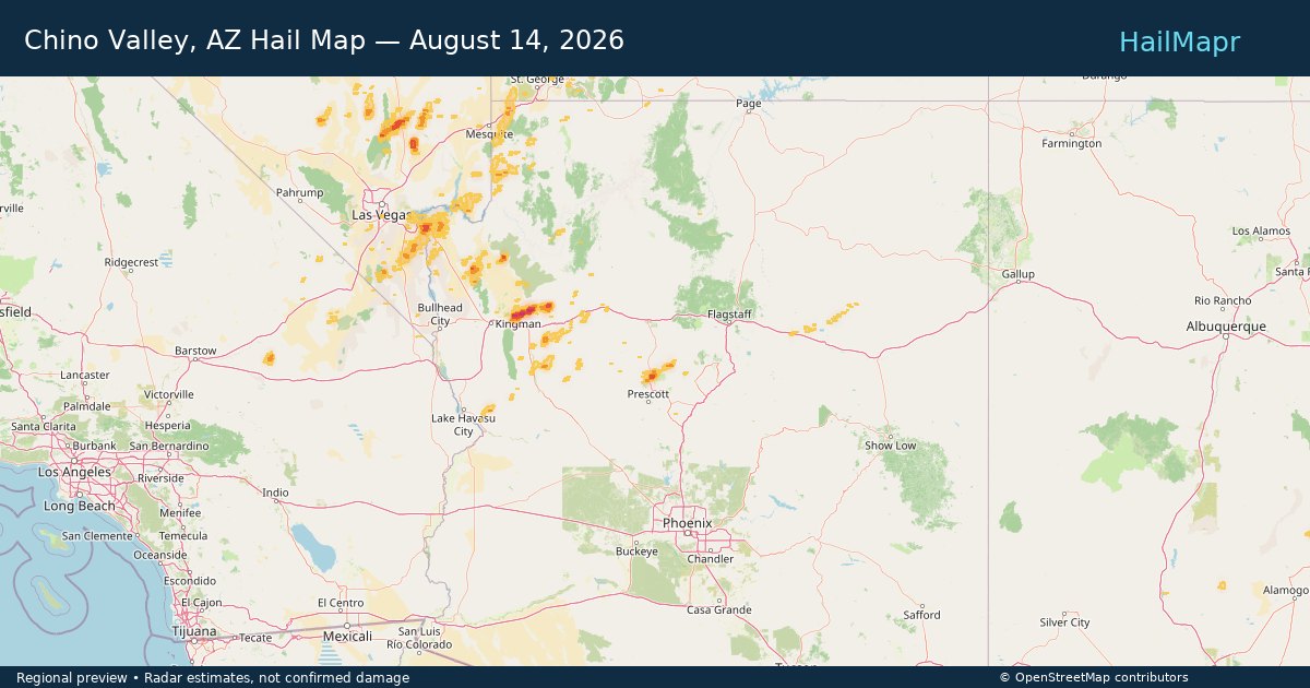 Chino Valley, AZ Hail Map — August 14, 2026 — regional heatmap and storm polygons