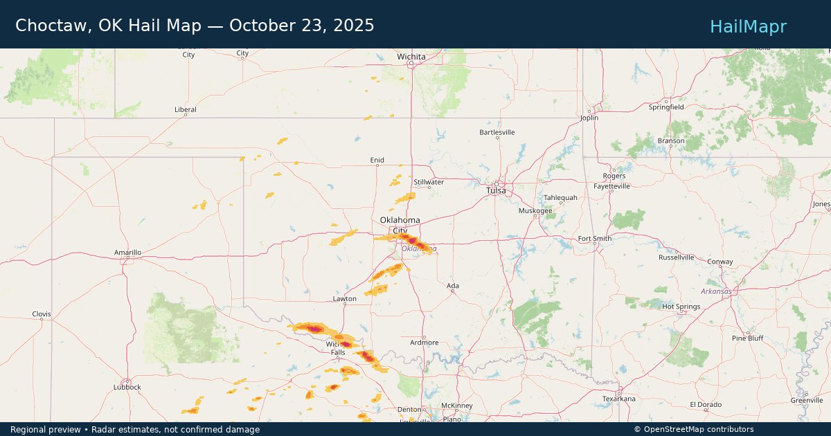 Choctaw, OK Hail Map — October 23, 2025 — regional heatmap and storm polygons