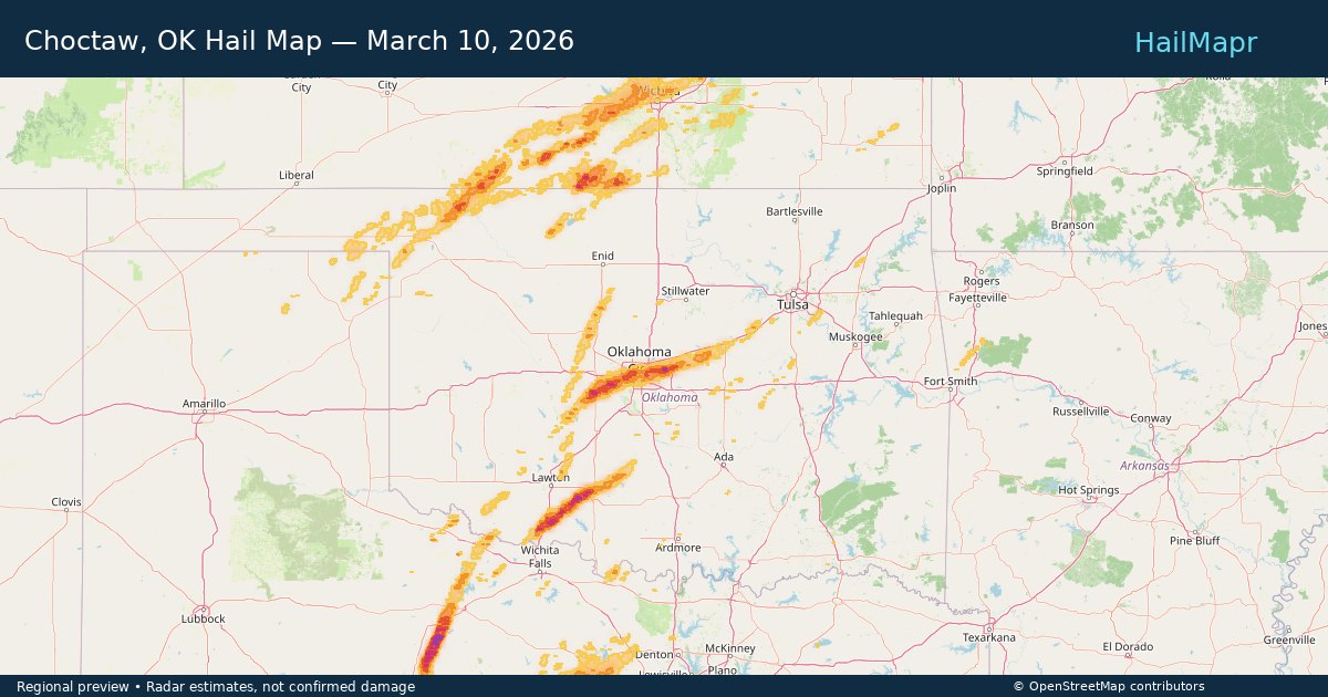 Choctaw, OK Hail Map — March 10, 2026 — regional heatmap and storm polygons