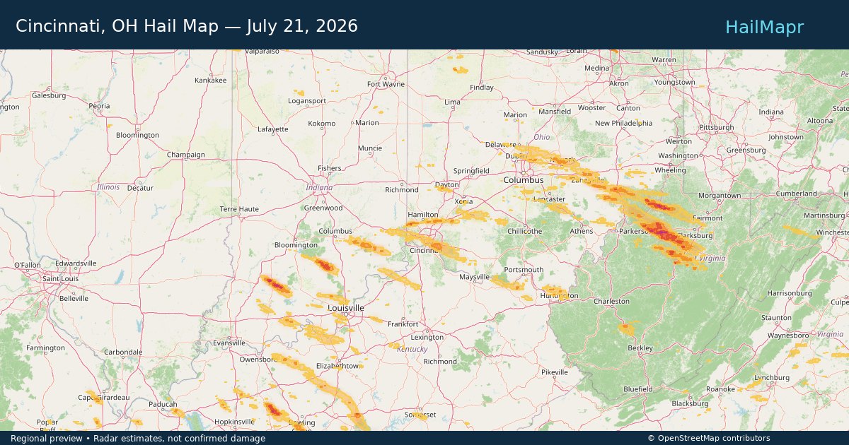 Cincinnati, OH — July 21, 2026 — regional hail footprint preview