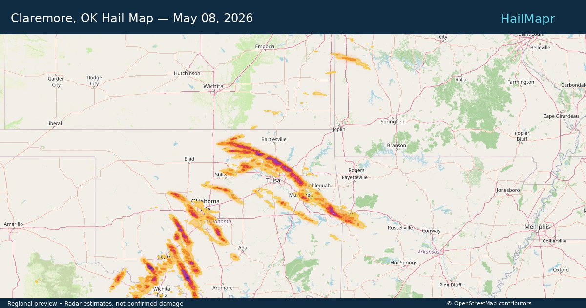 Claremore, OK Hail Map — May 08, 2026 — regional heatmap and storm polygons