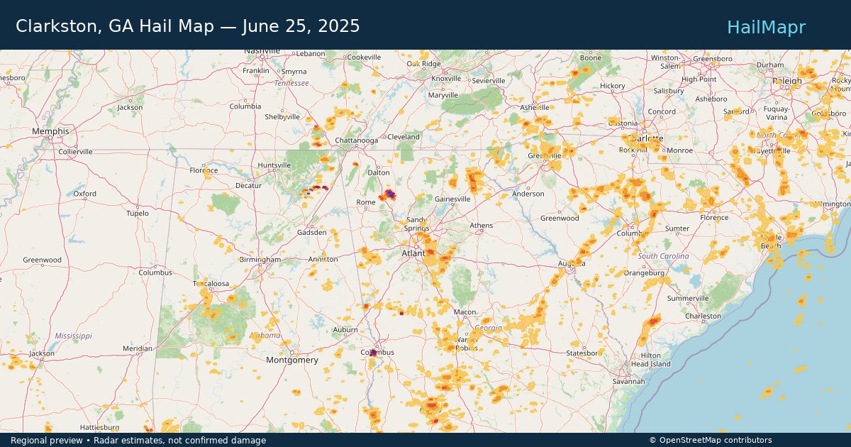 Clarkston, GA — June 25, 2025 — regional hail footprint preview