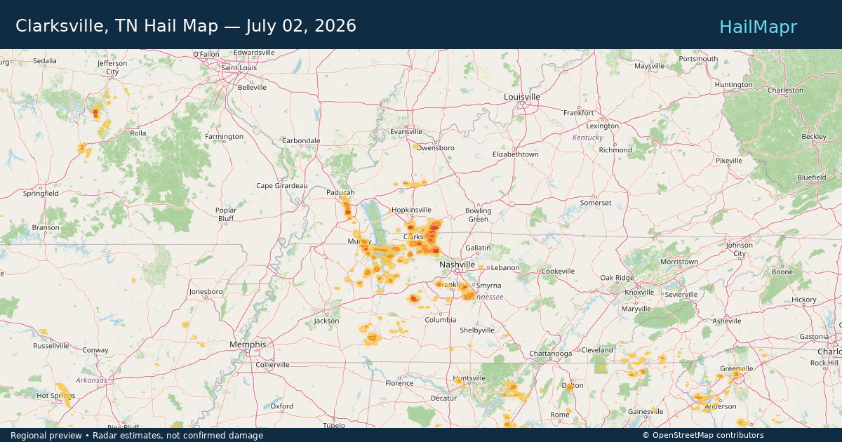Clarksville, TN Hail Map — July 02, 2026 — regional heatmap and storm polygons