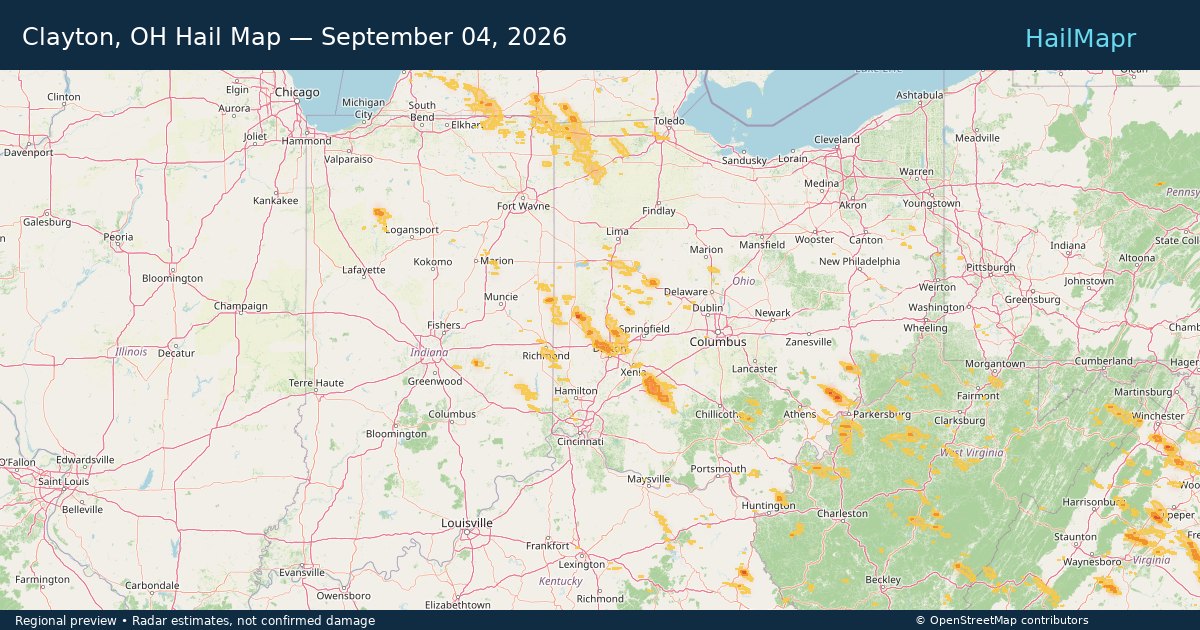 Clayton, OH Hail Map — September 04, 2026 — regional heatmap and storm polygons