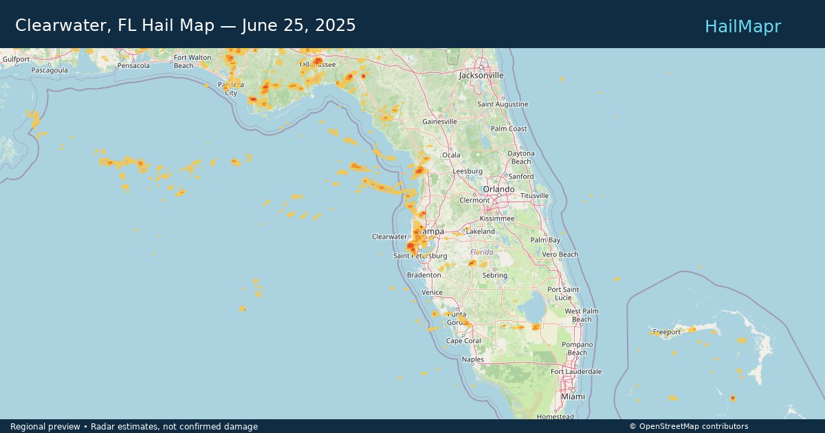 Clearwater, FL — June 25, 2025 — regional hail footprint preview