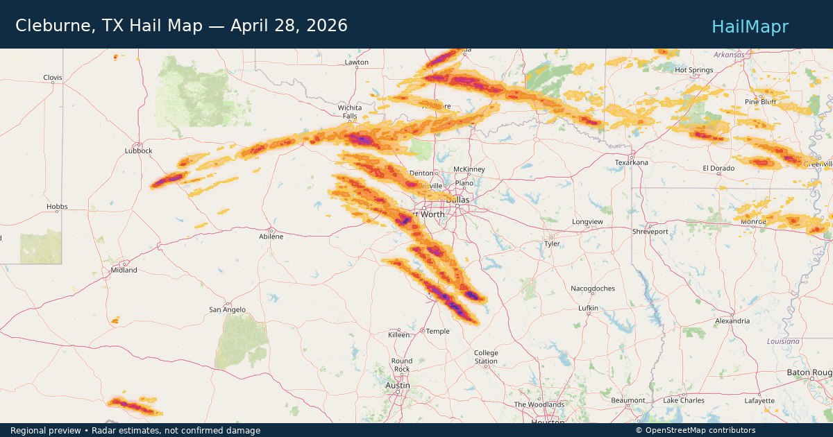 Cleburne, TX Hail Map — April 28, 2026 — regional heatmap and storm polygons