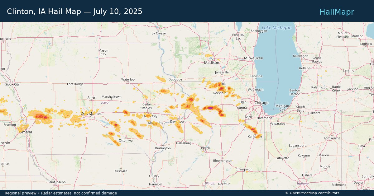Clinton, IA — July 10, 2025 — regional hail footprint preview
