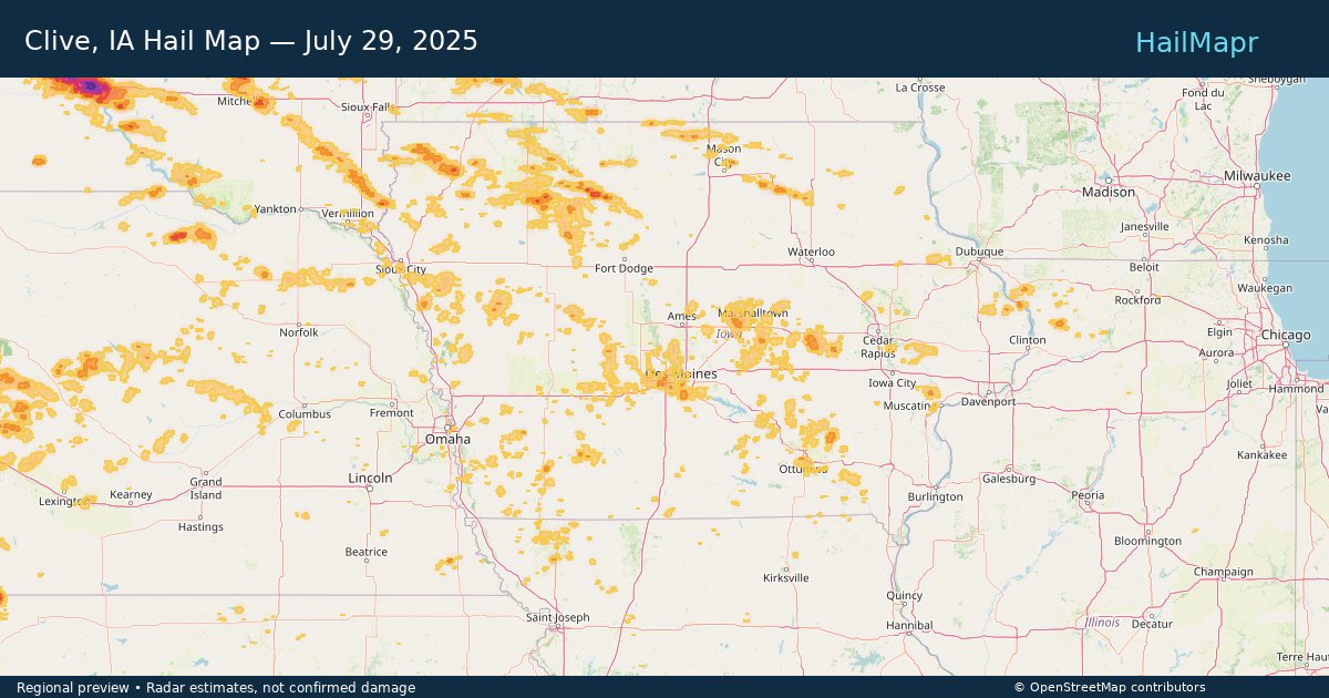 Clive, IA Hail Map — July 29, 2025 — regional heatmap and storm polygons