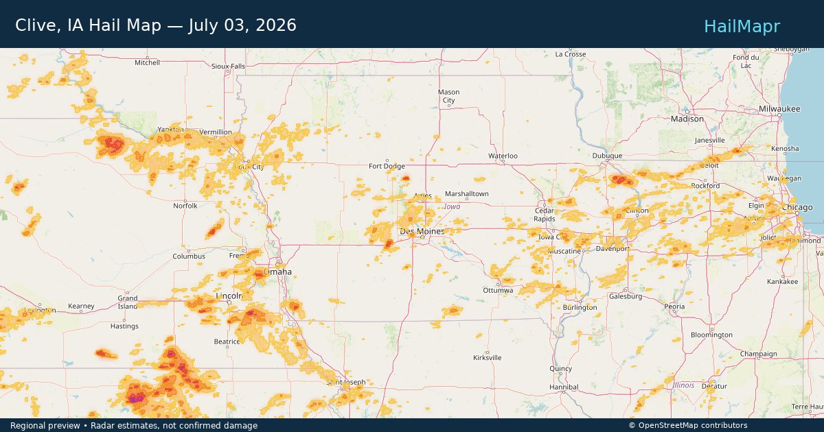 Clive, IA Hail Map — July 03, 2026 — regional heatmap and storm polygons