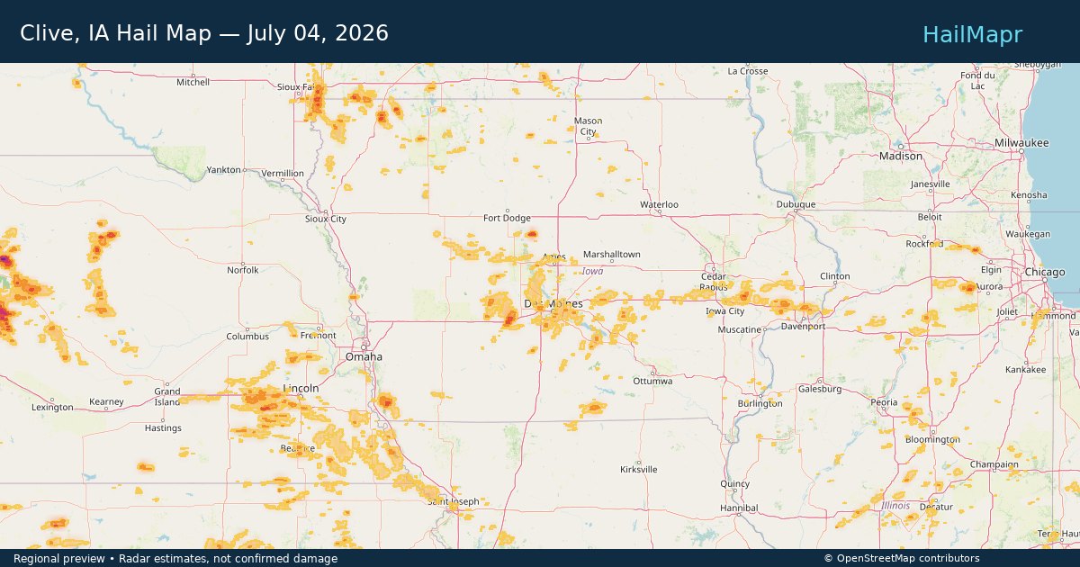 Clive, IA Hail Map — July 04, 2026 — regional heatmap and storm polygons