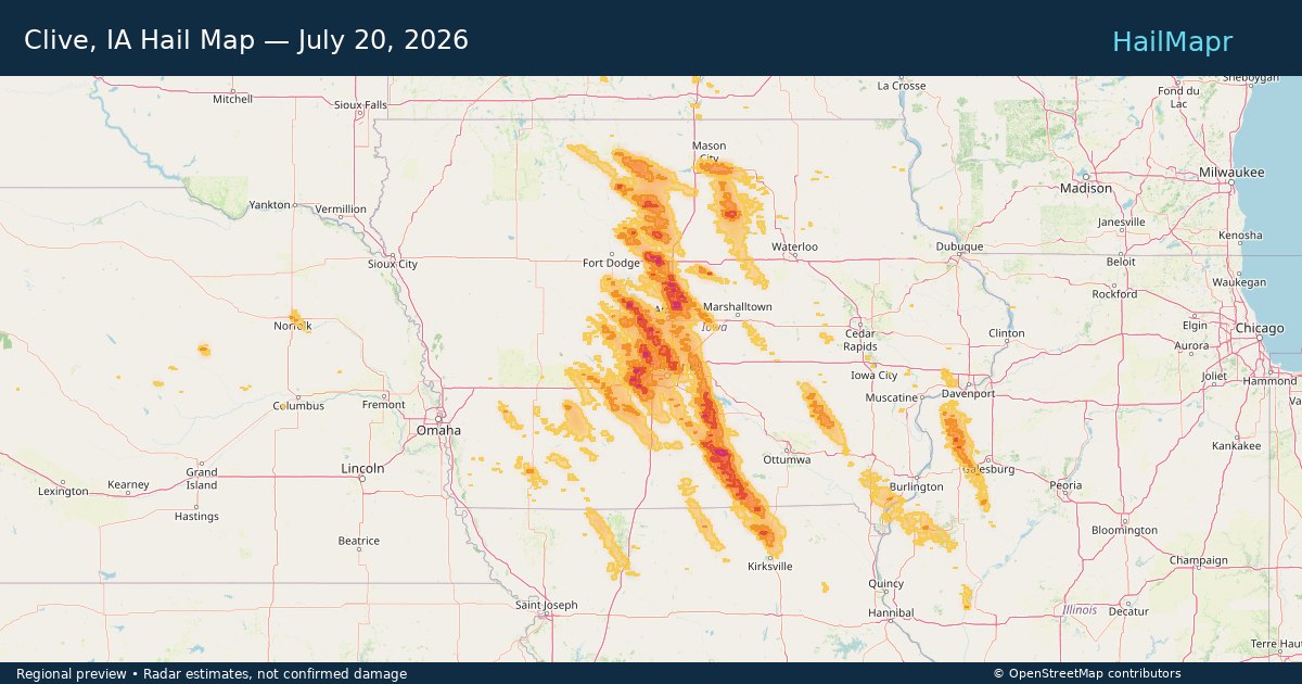 Clive, IA Hail Map — July 20, 2026 — regional heatmap and storm polygons