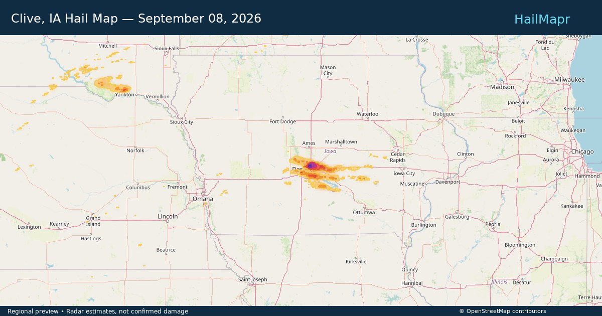 Clive, IA Hail Map — September 08, 2026 — regional heatmap and storm polygons
