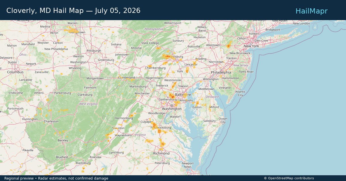 Cloverly, MD Hail Map — July 05, 2026 — regional heatmap and storm polygons