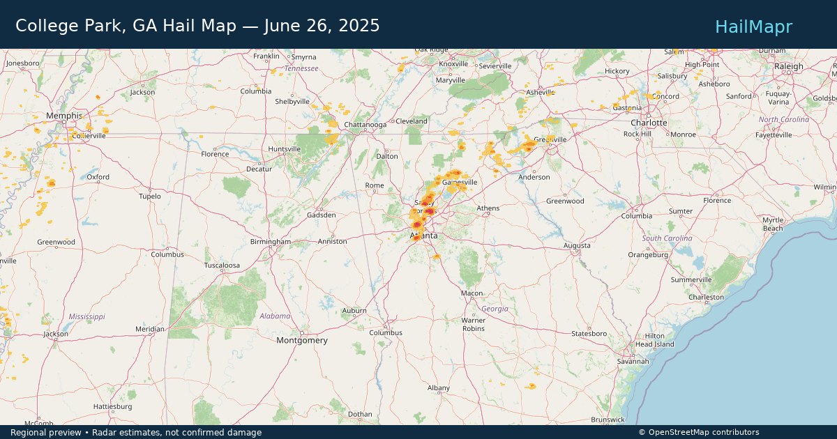 College Park, GA Hail Map — June 26, 2025 — regional heatmap and storm polygons