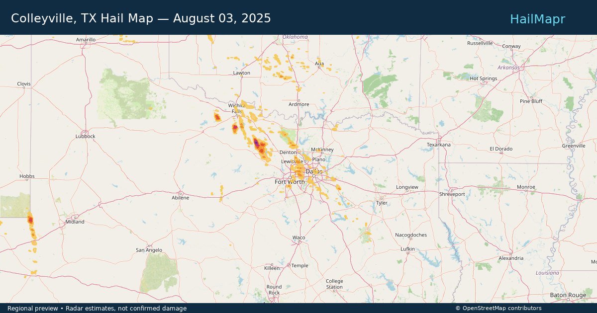 Colleyville, TX Hail Map — August 03, 2025 — regional heatmap and storm polygons