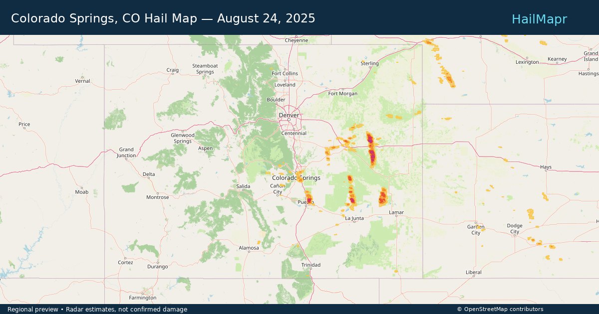 Colorado Springs, CO Hail Map — August 24, 2025 — regional heatmap and storm polygons