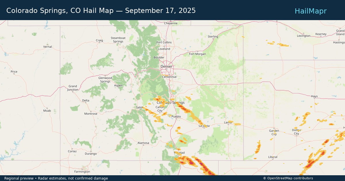 Colorado Springs, CO — September 17, 2025 — regional hail footprint preview