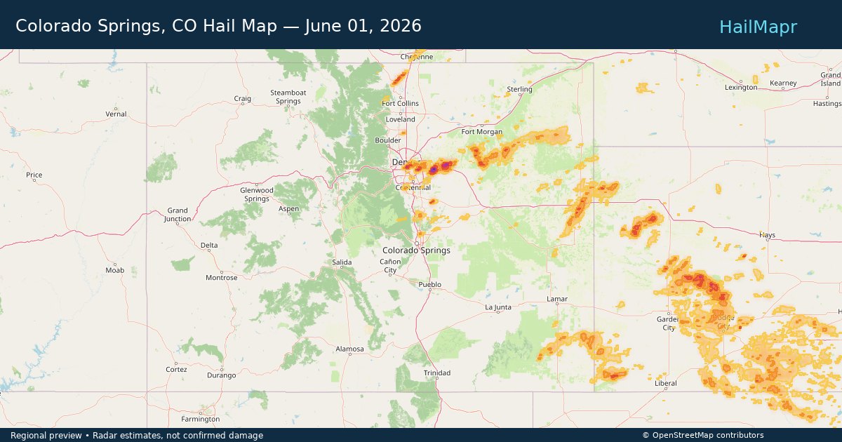 Colorado Springs, CO Hail Map — June 01, 2026 — regional heatmap and storm polygons