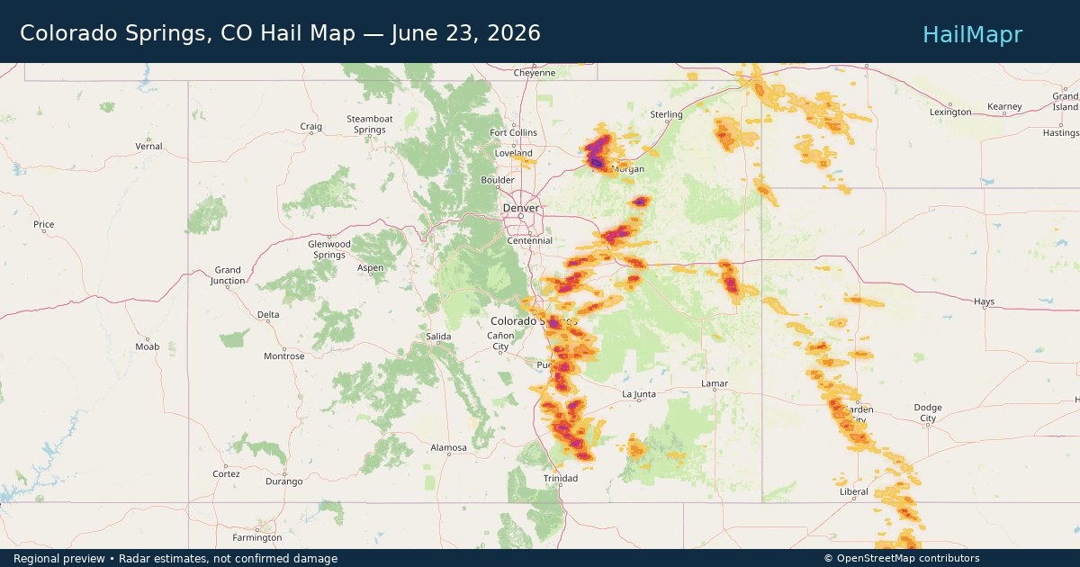 Colorado Springs, CO Hail Map — June 23, 2026 — regional heatmap and storm polygons