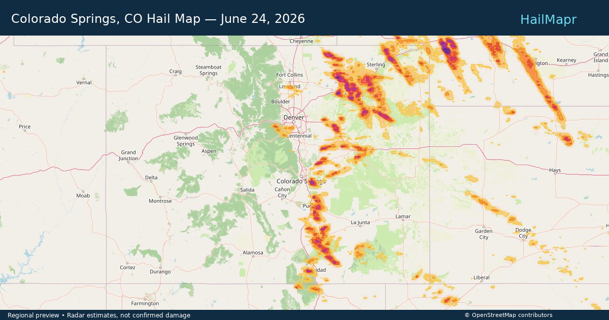 Colorado Springs, CO Hail Map — June 24, 2026 — regional heatmap and storm polygons