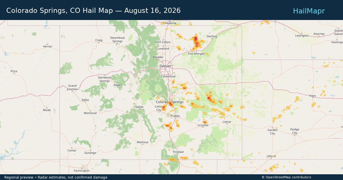 Colorado Springs, CO Hail Map — August 16, 2026 — regional heatmap and storm polygons