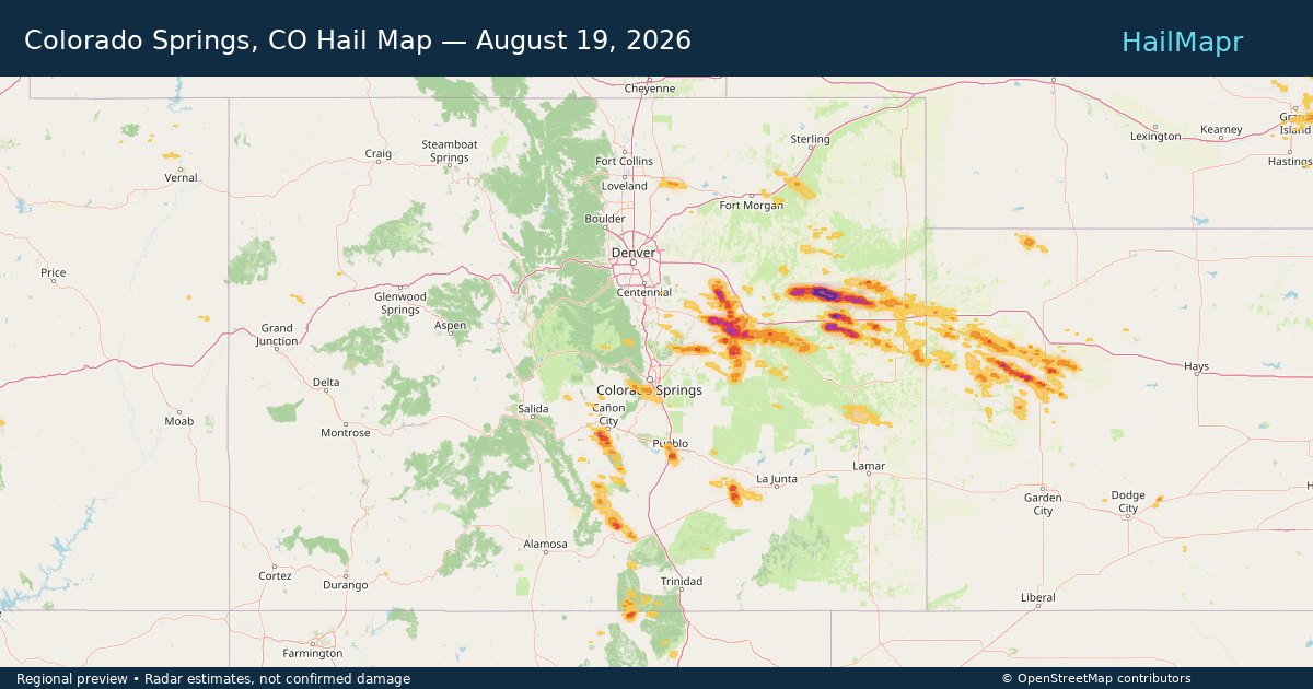 Colorado Springs, CO Hail Map — August 19, 2026 — regional heatmap and storm polygons
