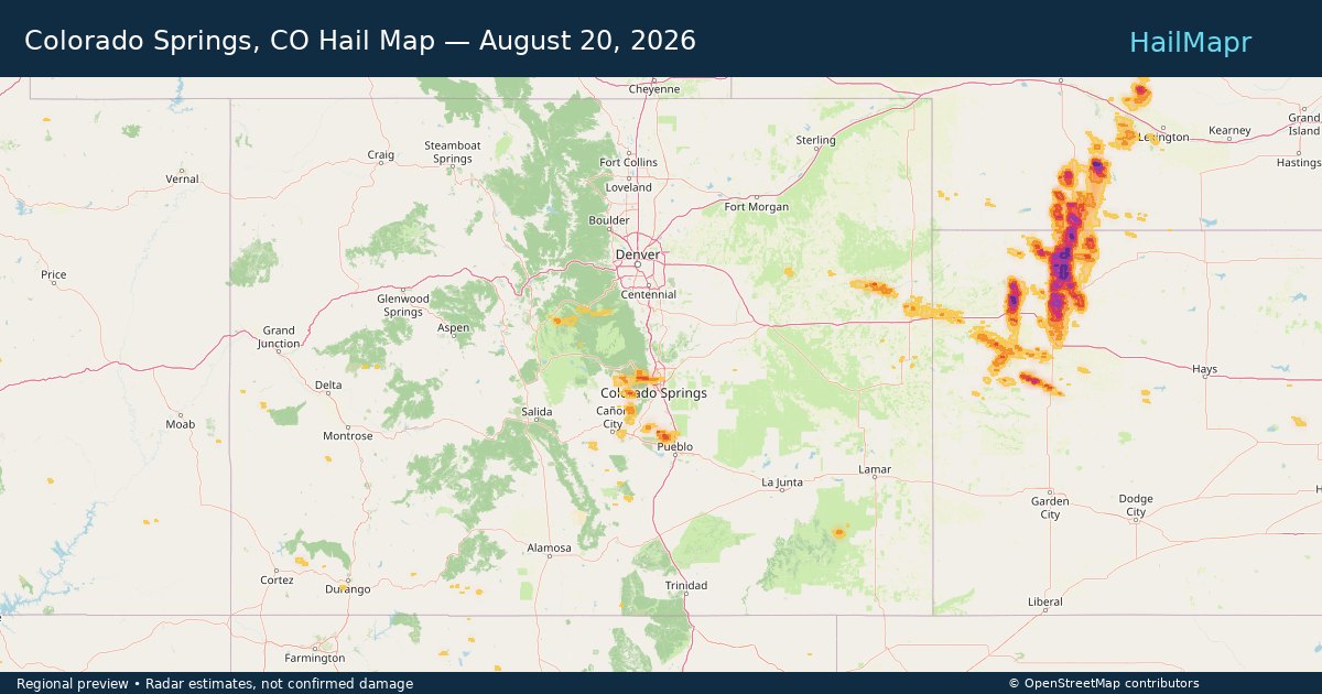 Colorado Springs, CO Hail Map — August 20, 2026 — regional heatmap and storm polygons