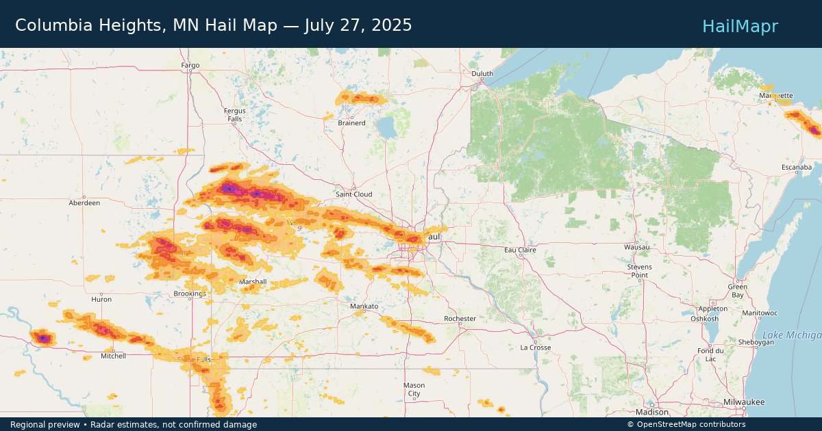 Columbia Heights, MN Hail Map — July 27, 2025 — regional heatmap and storm polygons