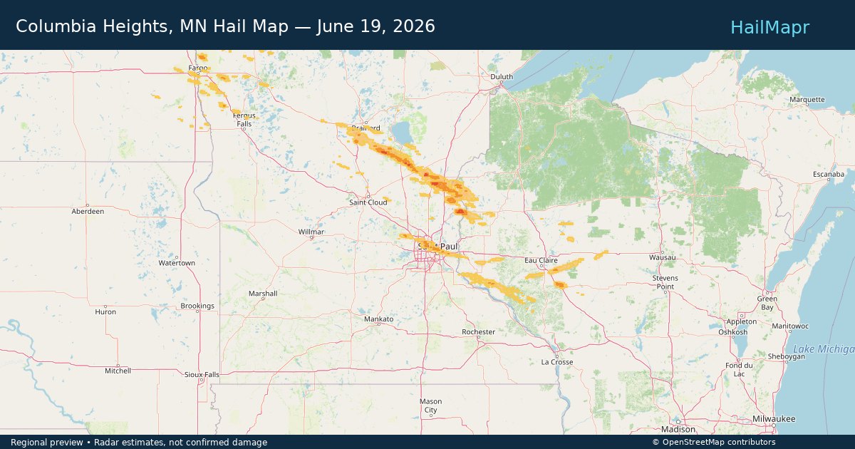 Columbia Heights, MN Hail Map — June 19, 2026 — regional heatmap and storm polygons