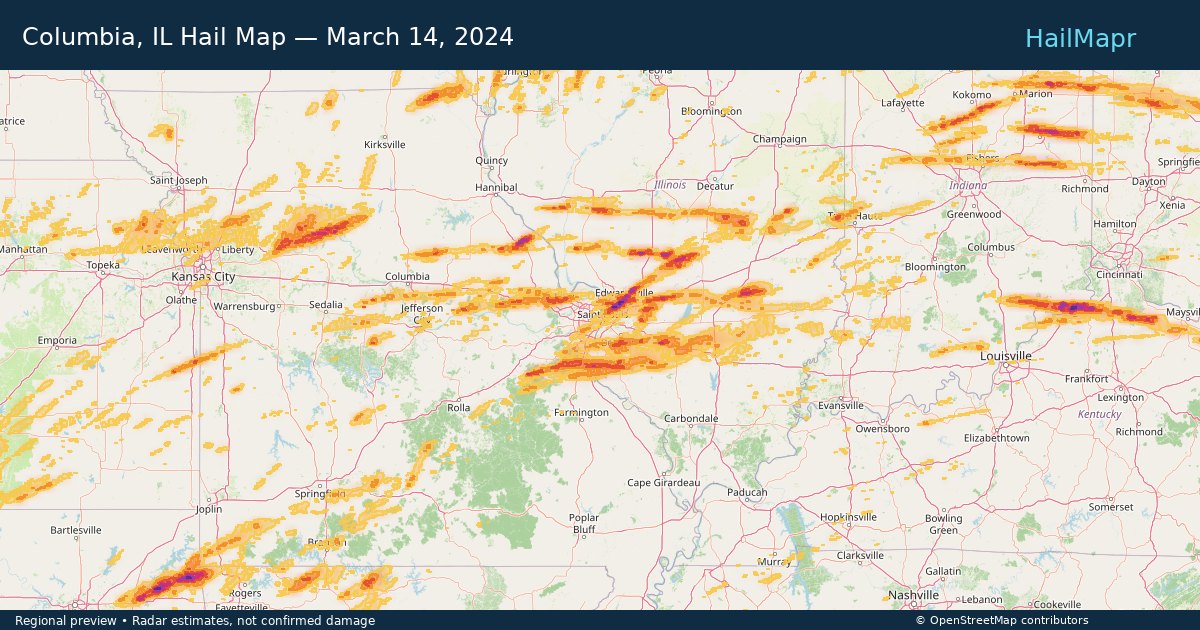 Columbia, IL Hail Map — March 14, 2024 — regional heatmap and storm polygons