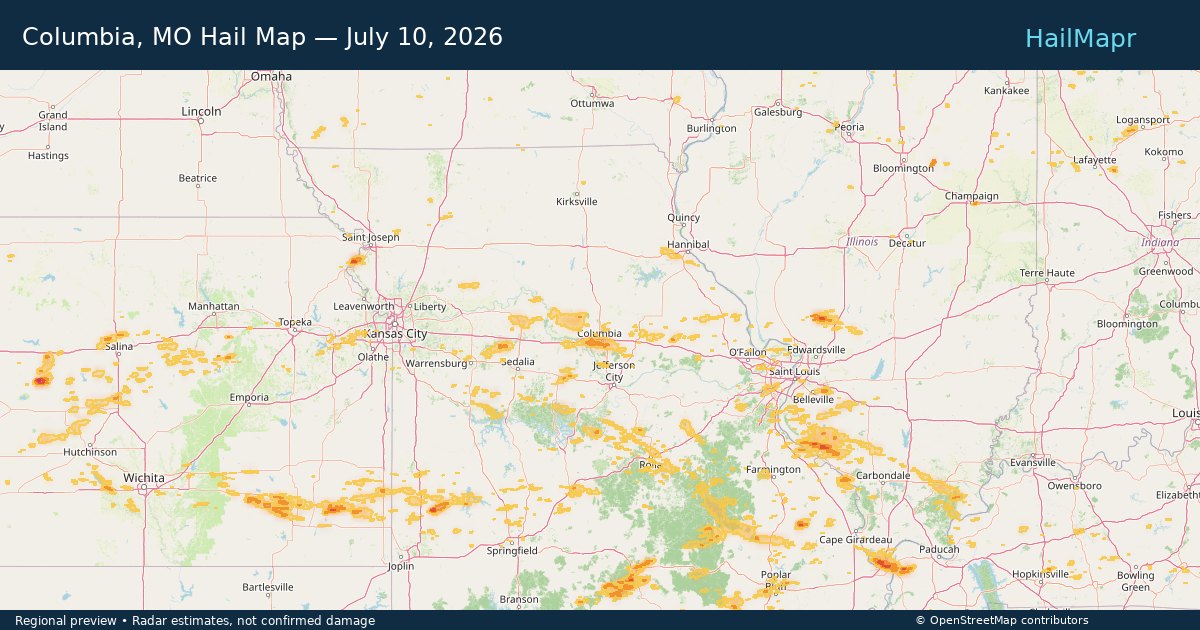 Columbia, MO Hail Map — July 10, 2026 — regional heatmap and storm polygons