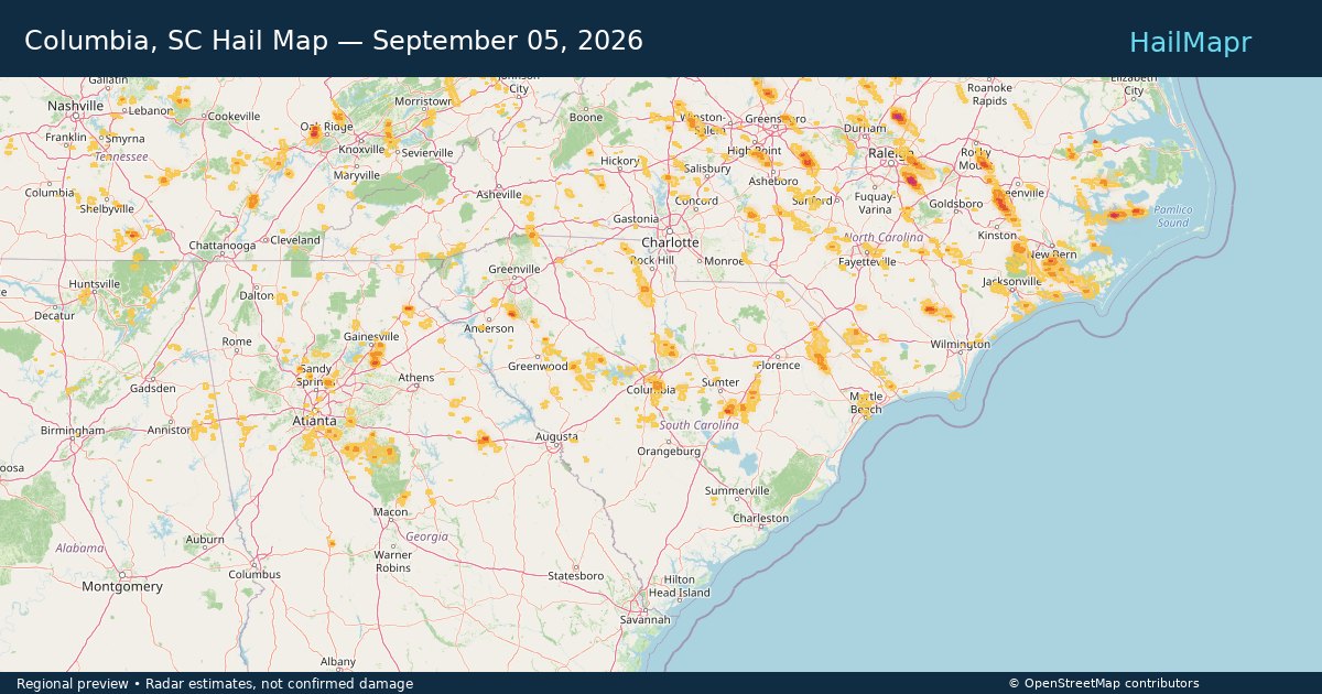 Columbia, SC Hail Map — September 05, 2026 — regional heatmap and storm polygons