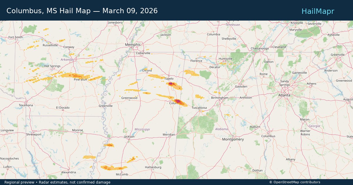 Columbus, MS Hail Map — March 09, 2026 — regional heatmap and storm polygons