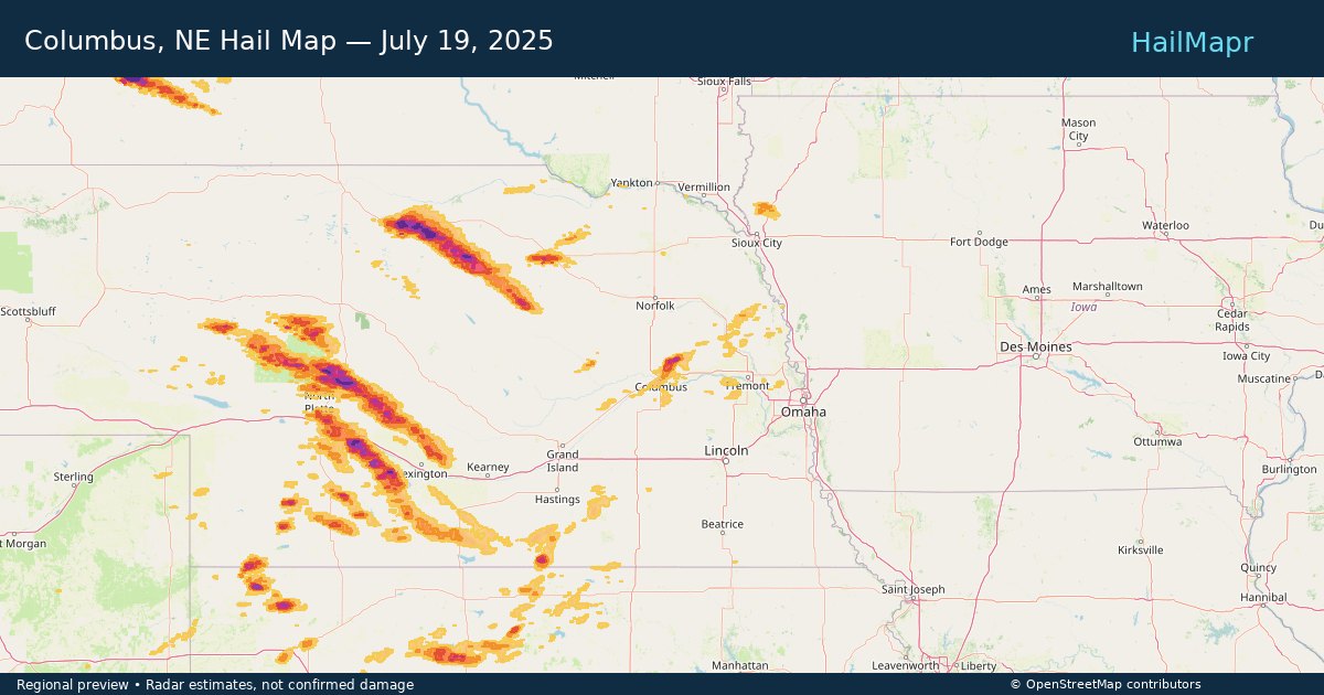 Columbus, NE Hail Map — July 19, 2025 — regional heatmap and storm polygons