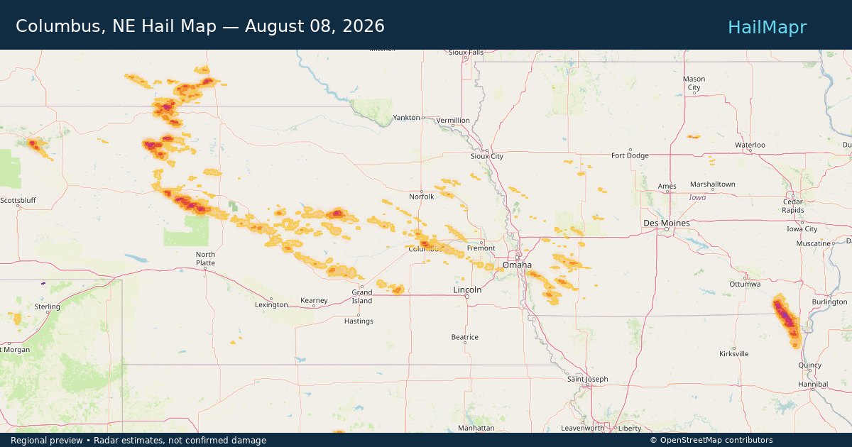 Columbus, NE Hail Map — August 08, 2026 — regional heatmap and storm polygons