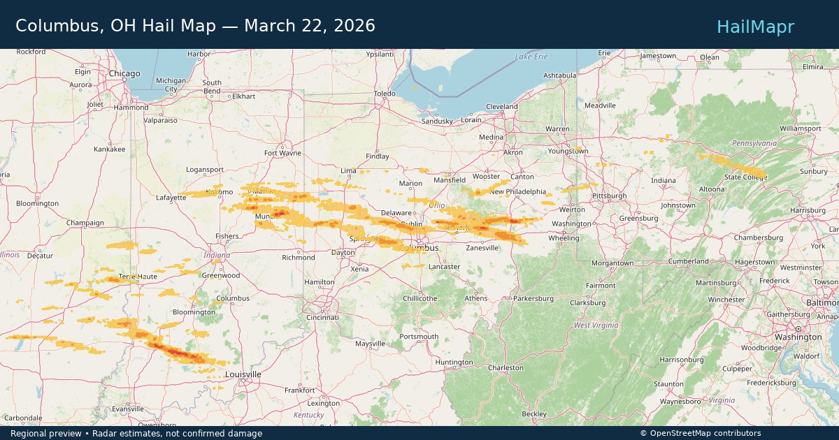 Columbus, OH Hail Map — March 22, 2026 — regional heatmap and storm polygons