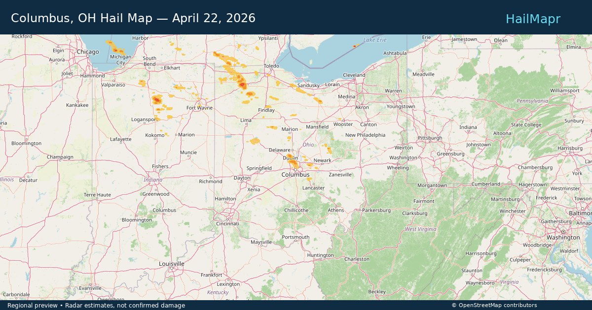 Columbus, OH Hail Map — April 22, 2026 — regional heatmap and storm polygons