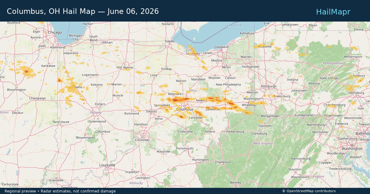 Columbus, OH Hail Map — June 06, 2026 — regional heatmap and storm polygons