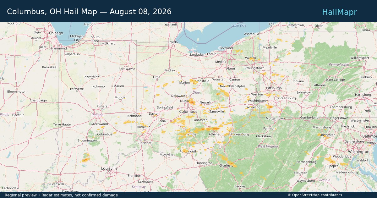 Columbus, OH Hail Map — August 08, 2026 — regional heatmap and storm polygons