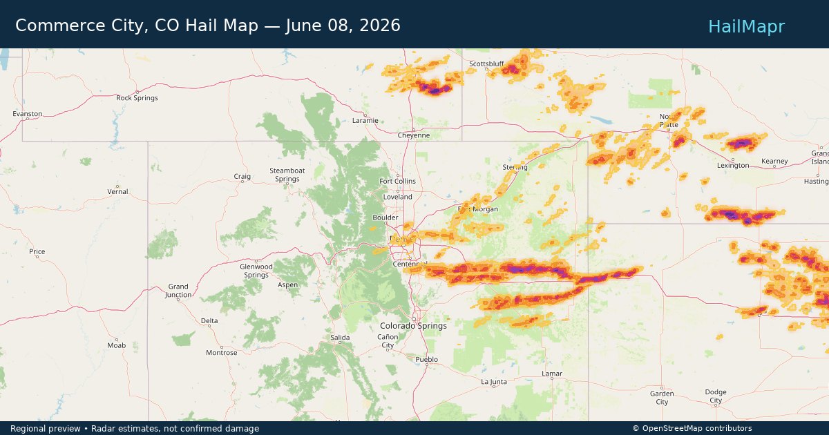 Commerce City, CO Hail Map — June 08, 2026 — regional heatmap and storm polygons
