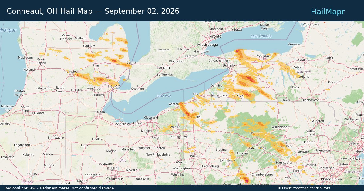 Conneaut, OH Hail Map — September 02, 2026 — regional heatmap and storm polygons