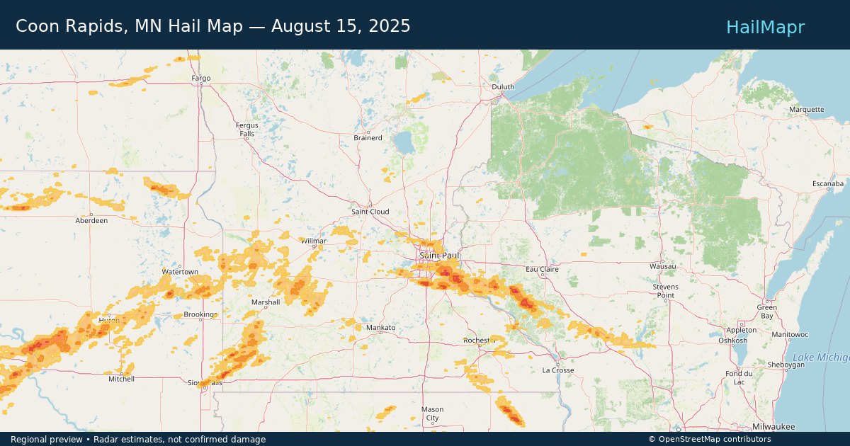 Coon Rapids, MN — August 15, 2025 — regional hail footprint preview