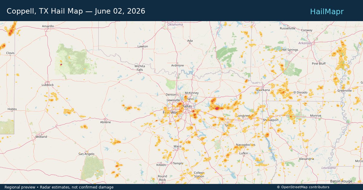 Coppell, TX — June 02, 2026 — regional hail footprint preview