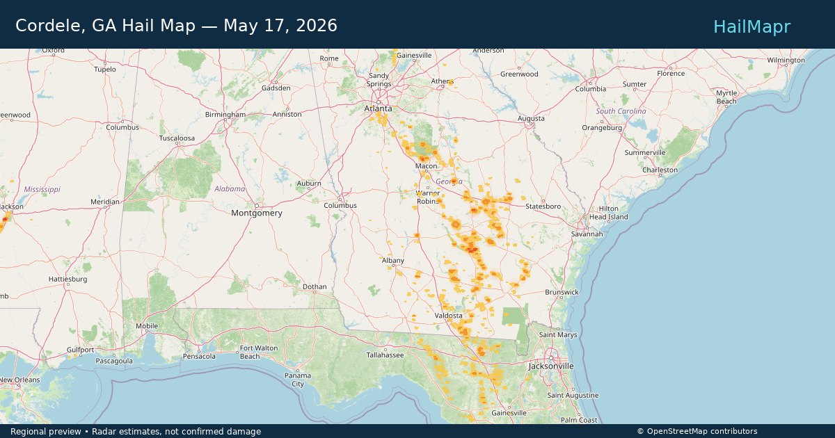 Cordele, GA Hail Map — May 17, 2026 — regional heatmap and storm polygons